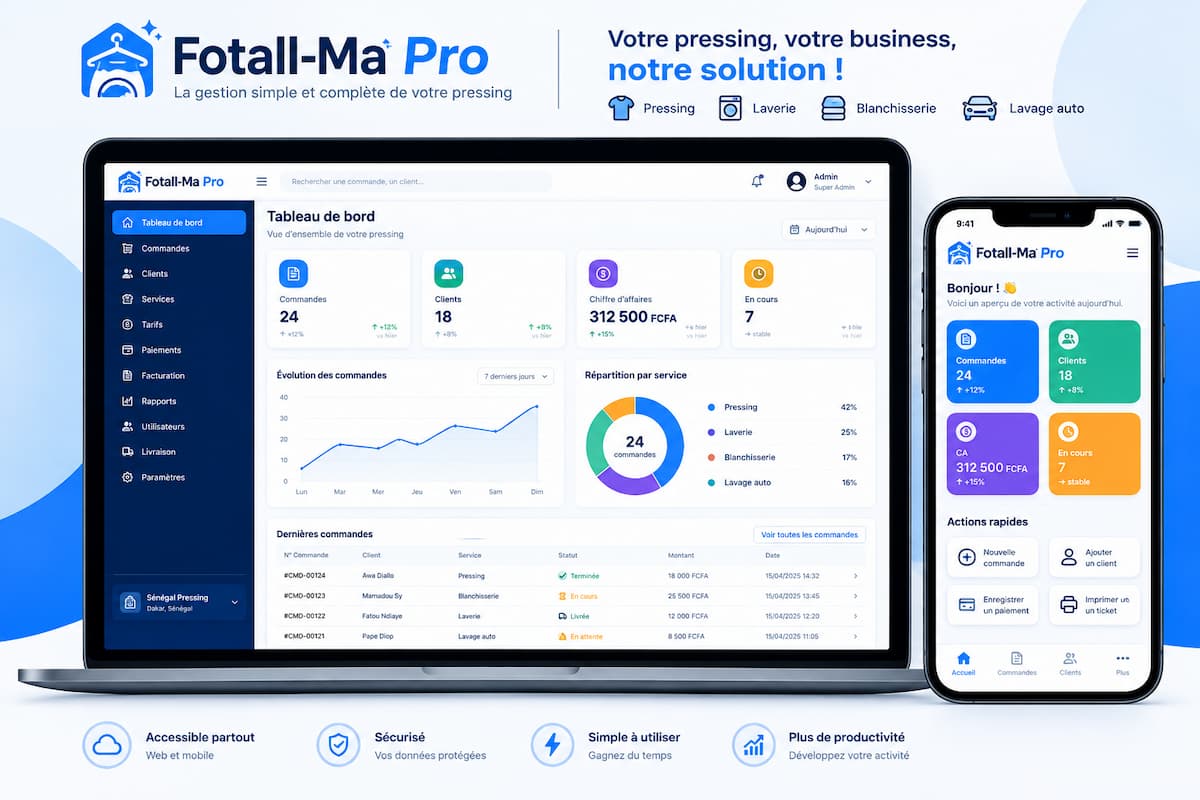 Tableau de bord Fotall-Ma Pro sur ordinateur portable et mobile